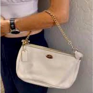 Coach White Leather Wristlet Clutch with Gold Chain